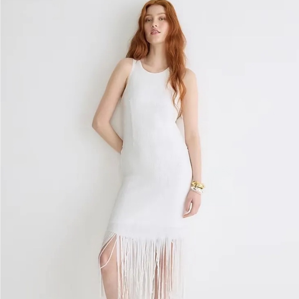 NWT J. Crew Collection fringe-trim sheath dress in white sequin